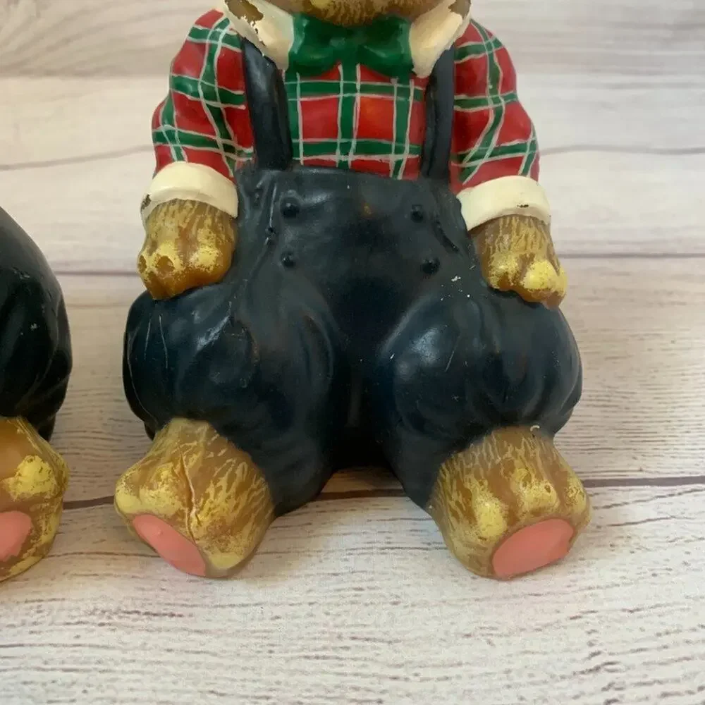 Vintage Teddy Bear Candles Set of 2 Bears with Bow Tie Plaid Shirt Overalls